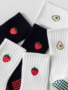 1/2/3 Pairs Women's Pilates Non-Slip Yoga Socks, Grip Socks With Traction, Neutral Hospital Socks, Ankle Support, Shock-Absorbing Sports Socks, Soft And Comfortable All-Season Grip Socks, Cute Embroidered Strawberry, Avocado, Cherry Patterns, White Socks - Multicolor - View 6