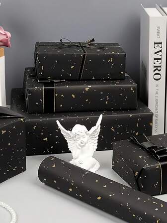 A Roll Of Premium Gift Wrapping Paper With A Starry Sky Pattern Made Of Gold Film. Perfect For Weddings, Valentine's Day, Birthday Gift Wrapping, And Also For Making Your Own Bouquets. Available In Red, Blue, And Black.