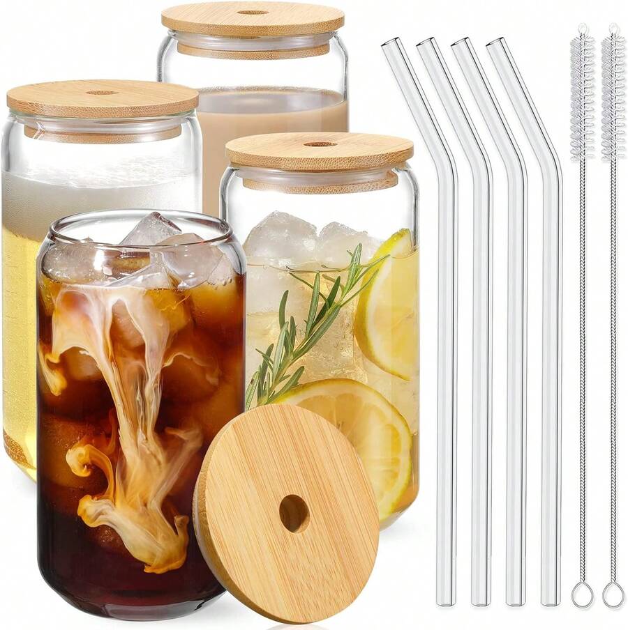 Drinking Glasses With Bamboo Lids And Glass Straw 4pcs Set - 16oz Glass Cups, Iced Coffee Glasses, Cute Iced Tea Glasses, Beer Glasses, Ideal For Coffee Bar Accessories, Aesthetic Gift - 2 Brushes - 4件 - 查看 1