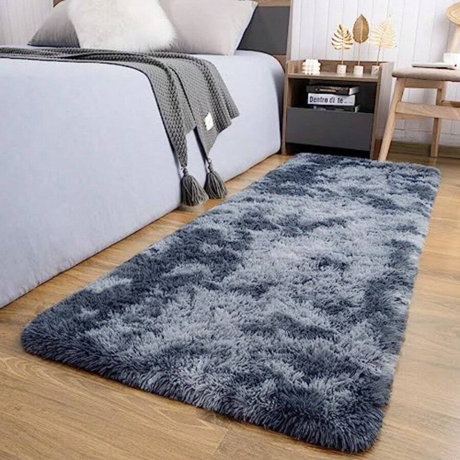 Runner Rug For Bedroom 2x6 Feet Soft Shaggy Area Rugs Fluffy Carpet For Hallway Bedside Upgrade NonSlip Shag Plush Rug For Dorm Living Room TieDyed Light Grey - 2' x 6'(跑者)+紮染藍灰色 - 查看 1