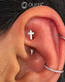 Solid Titanium Eyebrow Rings And Heart Labret Jewelry, 16G - Silver Cross - View 7