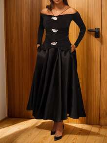 فستان طويل بياقة حلقية وخصر ضيق بطراز فرنسي رجعي أنيق، فستان طويل للنساء بتزيين معدني أسود مفتوح الكتف، مناسب للسهرات والأعياد مثل عيد الميلاد وعيد الشكر