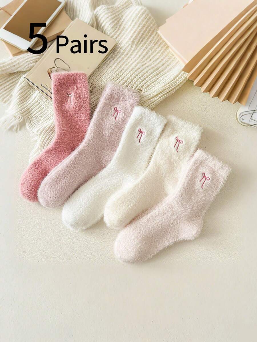 5 Pairs Girls Socks, Faux Fur Bow Fluffy Socks, Thick Warm Anti-Cold Cute Mid-Calf Plush Socks, Sweet Winter Socks For Girls, Comfortable Soft For Home & Sleep - Multicolor - View 1