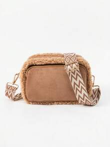 女士毛绒斜挎包，波西米亚风撞色胸包，配肩带，新款秋冬麂皮绒面料时尚大容量手提包/手拿包，多口袋设计，适合日常出行、购物、旅行，可装手机、零钱、化妆品等。