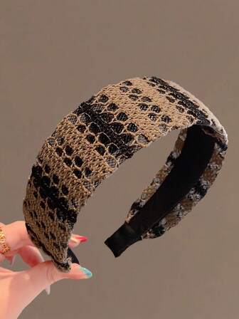 1件复古针织拼接网眼几何图案发带，百搭秋冬新品，发箍发圈