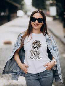 Playera de dama, uso diario, casual, resistente, Halloween, Need Coffee - Blanco - Ver 1