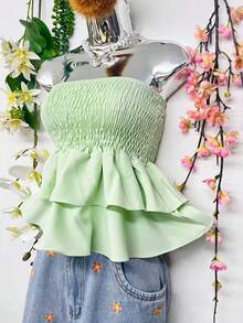 T110Cropped Elastic Blouse With Ruffle - Light Green - View 5