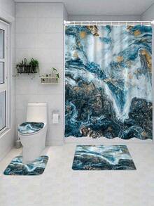 1/4 Stück Duschvorhang-Set mit blauem Marmordesign, wasserdichter Duschvorhang, Badezimmer Duschvorhang mit Trennung von nass und trocken, maschinenwaschbar, Badezimmer Dekoration, Badezimmer Accessoires, verschiedene Größen erhältlich, Weihnachtsdekoration