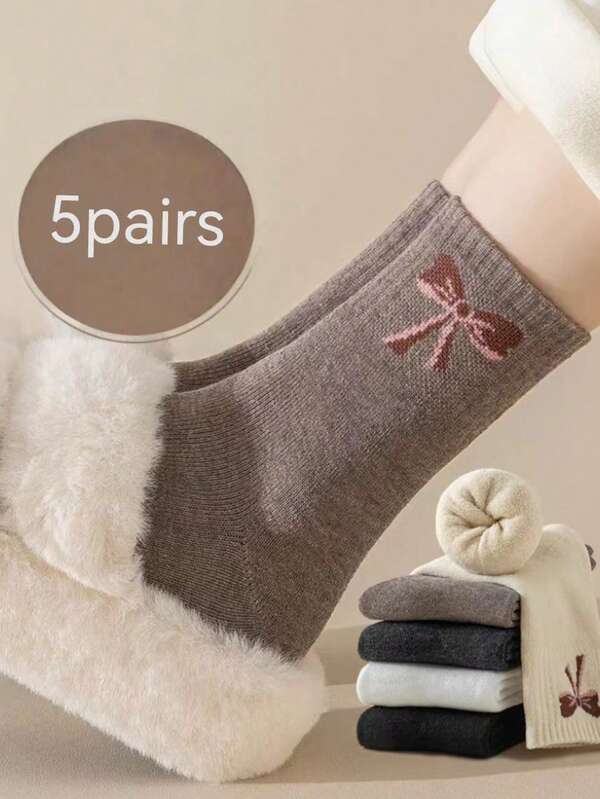 4 Pairs Women's Thick Warm Socks With Bow, Thermal Lined Fuzzy Socks For Sleeping, Random Delivery