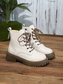 2025冬季新款女鞋，保暖冬靴，时尚百搭休闲女鞋，真皮踝靴，黑白系带侧拉链踝靴，平底女靴，女士踝靴，时尚女靴 - 米色 - 查看 5