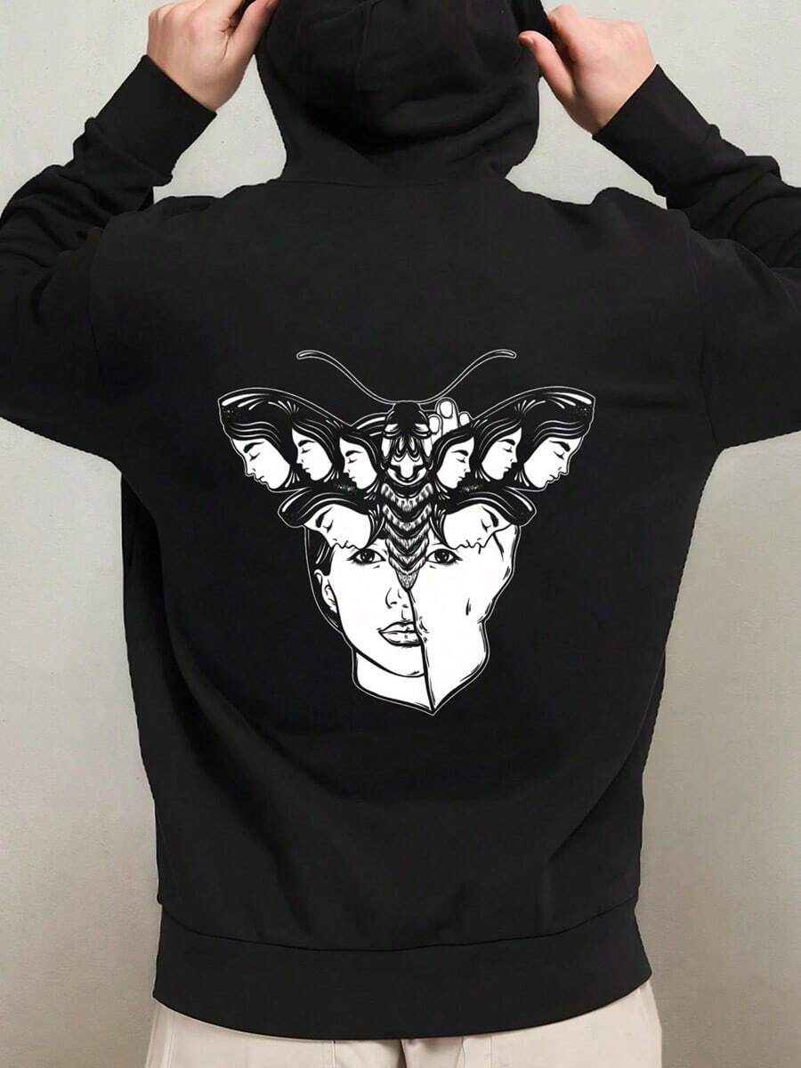 1pc Men'S Gothic Butterfly & Skull Graphic Hooded Sweatshirt - Oversized Black Hoodie With White Face Print, Long Sleeve Casual Pullover For Halloween, Casual Attire & Themed Parties, Durable Digi,Fall Hoodies,Men's Fall Clothes,Street Wear,Halloween,Mens Hoodies,Y2k Clothes,Jesus Hoodie,Thanksgiving Day,Nightmare Before Christmas,Christmas - 黑色 - 查看 1