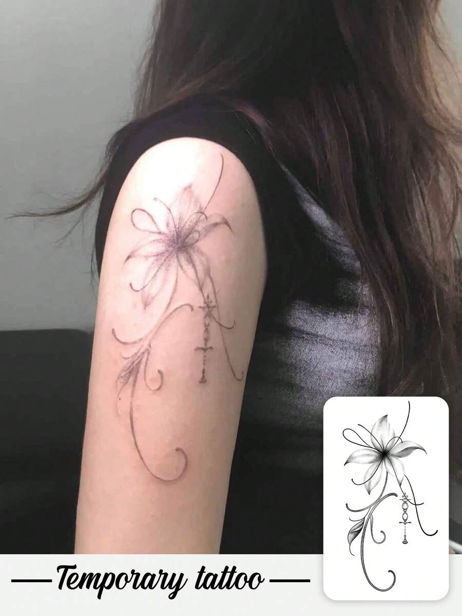 1pc Y2K Style Lily Flower Waterproof, Sweat-Proof, Washable, Non-Reflective Temporary Tattoo Sticker, Realistic Arm/Shoulder Tattoo Design, Suitable For Fashion Enthusiasts