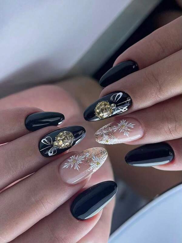 Upgrade Your Look,30Pcs Mid Almond Full Coverage Glossy False Nails For Women,3D Champagne Yellow Rhinestone Decorated Pom-Pom Snowflake Bow Design Christmas Press On Nails,Elegant, Fashionable, And Luxurious Nail Art,Suitable For Wearing In Autumn And Winter