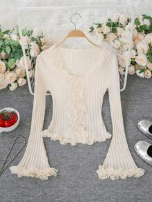 Women's French Lace Trim Long Sleeve Fitted Cardigan Sweater, Suitable For Autumn/Winter, Sweet Girly Style, Suitable For Daily Wear And Dates, Long Sleeve Top - Apricot - View 9