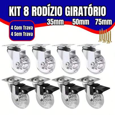 Kit 8 Rodizio Giratório Rodinha De Silicone Inclui Parafusos 4 Com Trava 4 Sem Trava