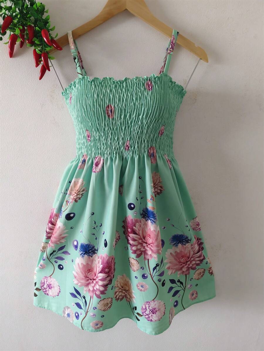 Women's Floral Dress - 綠花 - 查看 1