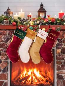 Personalized Christmas Large Capacity Gift Socks, Heat Transfer Printed Letter, Patchwork Dual-Color Name Tassel Socks, Velvet Letter Christmas Tree Hanging Decor, Home Decor, Christmas Stocking Ornament, Christmas Decoration Gift Socks - Multicolor - View 5