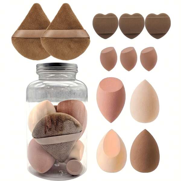 مجموعة إسفنجة مكياج مكونة من 12 قطعة: 2 وسادة بودرة مثلثة، 4 إسفنجة مكياج، 3 إسفنجات جمال صغيرة و 3 وسادات هواء إصبع صغيرة، إسفنجات خالية من اللاتكس للسوائل والأساس والكونسيلر، قابلة للاستخدام الرطب/الجاف، مناسبة لجميع أنواع البشرة، للحفلات