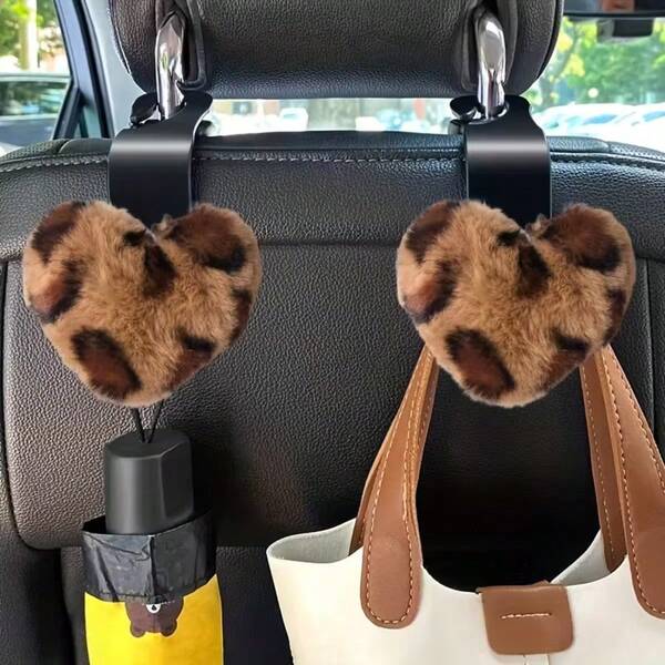 2 Pieces, Leopard Print Heart-Shaped Design Car Seat Hooks, Creative Multifunctional Storage Hooks Inside The Car. Car Decoration. Automotive Supplies