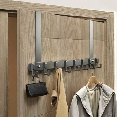 6个门后挂钩，安装简便，适用于各种门、橱柜、浴室、卫生间和厨房。可悬挂衣物、包包、钥匙等物品。浴室收纳架