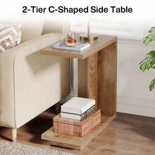 Tribesigns Mesa de centro en forma de C, mesa auxiliar estrecha con 2 niveles y base resistente, mesa auxiliar de sofá industrial para sala de estar, dormitorio, marrón