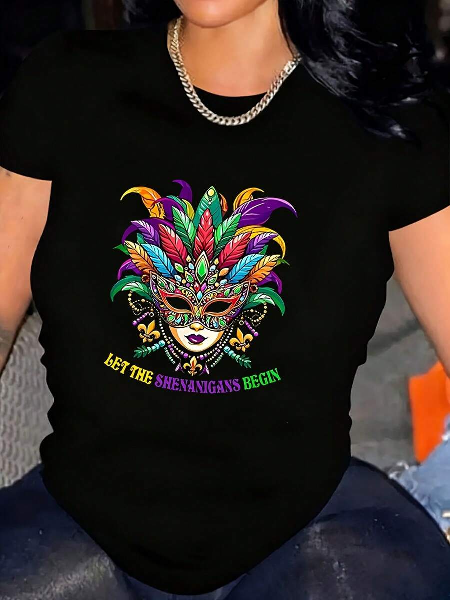 Oversized Women's Mardi Gras T-Shirt With Colorful Masquerade Mask Print And Let The Shenanigans Begin Text – Perfect For Festivals, Parties & Celebrations – Fast Arrival - Black - View 1