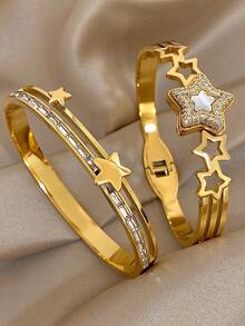 18K Gold Plated Stainless Steel Luxury Elegant Star Charm Bangle Bracelet Set With Mother Of Pearl, Mom Gift Christmas Thanksgiving Halloween Wedding Rave/Prom/Party/Daily Accessories Gift For Anniversary Valentine's Day Boho Jewelry Birthday Bridesmaid Gifts