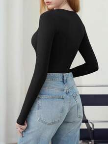 V Neck Long Sleeve Bodysuit - Comfy Double Lined Basic Top - Light Coffee - View 2