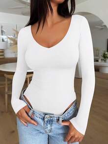 V Neck Long Sleeve Bodysuit - Comfy Double Lined Basic Top - White - View 9