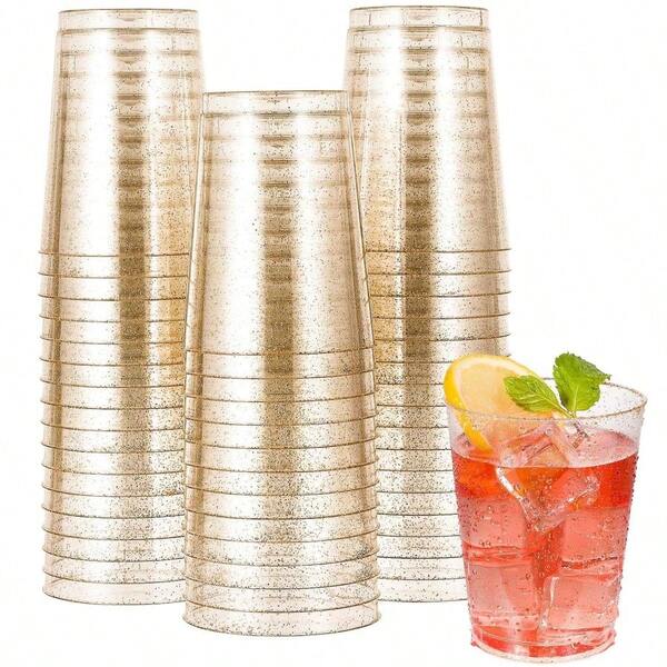 100 piezas / 50 piezas / 25 piezas / 270 ml Tazas doradas brillantes, transparentes y duraderas, adecuadas para bodas, restaurantes, cocinas, fiestas y diversas ocasiones [Tazas reutilizables]