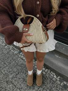 Senya 秋冬新款女士圆领灯笼袖前开襟黑色针织开衫，宽松休闲，慵懒随性，适合日常通勤、下午茶、返校季、毕业季、情人节、新年等场合。 - 咖啡棕 - 查看 3