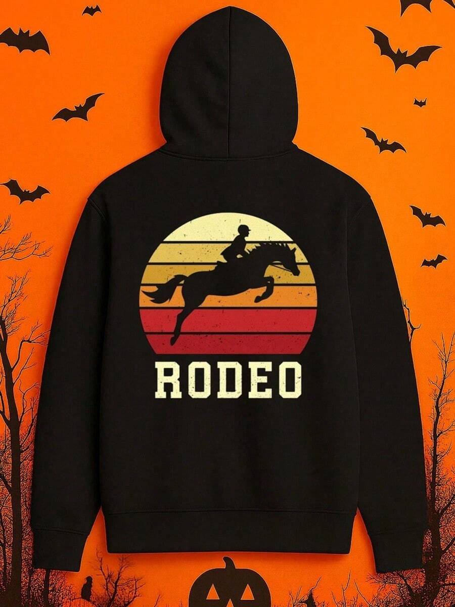 1 Pack Men'S Western Cowboy Graphic Hooded Sweatshirt - Long Sleeve Casual Pullover With Rodeo Design, All-Season Comfort, Durable Sportswear For Gym, Halloween & Casual Attire, Vintage Style Hood,Fall Hoodies,Men's Fall Clothes,Street Wear,Halloween,Mens Hoodies,Y2k Clothes,Jesus Hoodie,Thanksgiving Day,Nightmare Before Christmas,Christmas - 黑色 - 查看 1