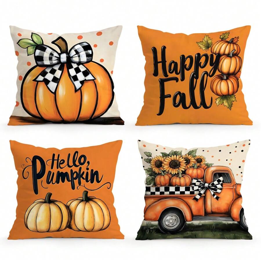 4 Stücke Kürbiskutsche bedruckte Kissenbezug Set, einseitig Muster, Herbst