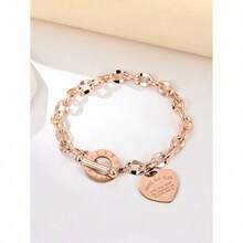1pc Women's Stainless Steel Classic Heart Engraved O-Ring Lip Chain Titanium Steel Bracelet - 銀色 - 查看 9