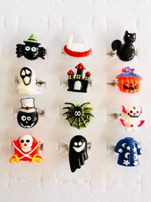 24 szt./pudełko, 24 szt. w kształcie serca, 24 szt. luzem, 12 szt. luzem zestaw pierścionków dekoracyjnych na Halloween, lampion z dyni, kapelusz czarownicy, duchy i inne dekoracje z żywicy, delikatna biżuteria na palec "cukierek albo psikus"