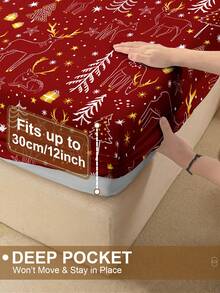 1pc Christmas Bow Reindeer Christmas Tree Print Fitted Sheet, Bedding, Fitted Sheet, Mattress Cover, Soft And Comfortable Bedding For Bedroom Mattress Protector Fitted Bed Sheet Only, Machine Washable