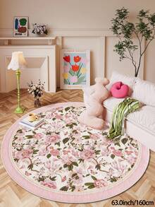 1 Stück rosa runder Wohnzimmerteppich mit gedruckten Blumengruppen, Flaumiges Material mit 10mm Dicke, weich und angenehm anzufühlen, leicht zu pflegen, wasserdicht und fleckabweisend, rutschfeste Rückseite, Teppich geeignet für Lobby, Schlafzimmer, Wohnzimmer, Badezimmer, Küche, Büro, Raumdekoration und Fußmatte, für Feierlichkeiten.