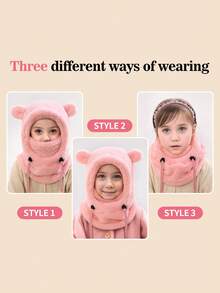 1个儿童熊耳毛绒拉法帽（多种颜色可选） - 保暖内衬二合一帽颈套，带抽绳，保暖防风，适合3-10岁幼儿及儿童日常户外活动 - 套頭帽 - 查看 3