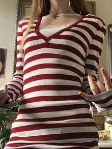 Womens Fairy Y2k Striped T-Shirt Long Sleeve V Neck Slim Fit Vintage Tops Goth Aesthetic Harajuku Going Out Top Grunge Blouse Streetwear - Red - View 1