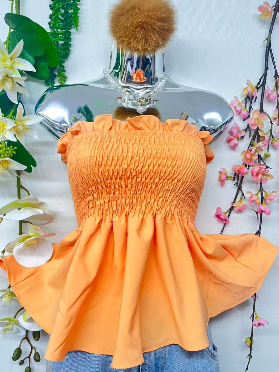 T109Crop Top With Straps And Ruffles - Coral Orange - View 1