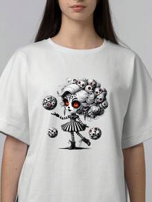 Playera de dama, uso diario, casual, resistente, Halloween, Muñequita - Blanco - Ver 2