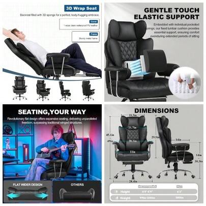 Gaming Chair, Executive Office Desk Chair With Footrest Ergonomic Heavy Duty High Back Lumbar Support Home Recliner Swivel Computer Chairs, Black