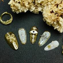 10pcs Gold 3D Decorative Press On Nails Handmade Acrylic French Y2K Style Milky White Nude Color Almond Full Coverage Fake Nail Set With Pearl Star Bow Moon Eye Cross Details Luxury Cute Press On Nails For Valentine's Day Gifts Easter Party Wedding Daily Wear Comes With Mini Nail File And Double Sided Adhesive Tabs - 白色 - 查看 6