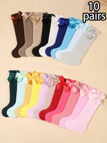 10 pares de meias até o joelho para bebês, meias casuais, quentes e macias com decoração de laço, cores aleatórias, outono/inverno - Multicolorido - Ver 6