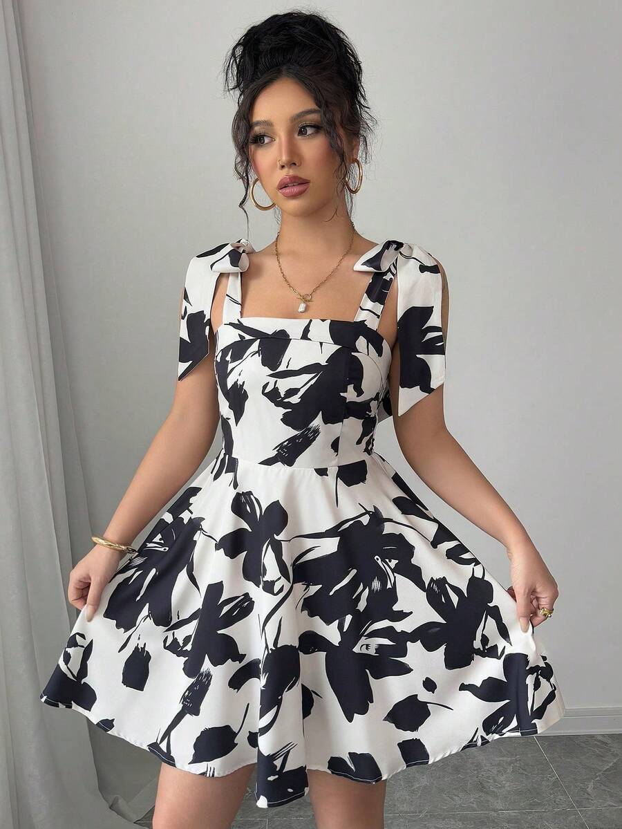 Vestido corto estampado de mujer,vestido sin mangas con lazo,vestidos casuales para mujer,vestidos para dama - Blanco - Ver 1