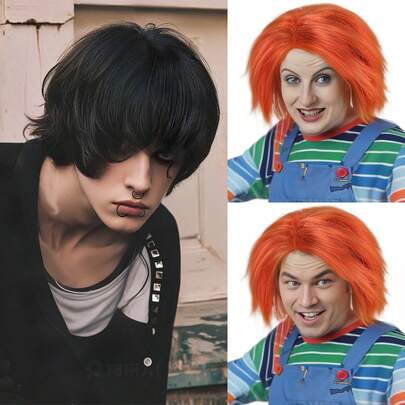 别致的 Emo 假发，万圣节派对恐怖邪恶杀手服装假发，无胶合成短蓬松分层直发小丑魔鬼动漫角色扮演假发，适合男士哥特流行朋克假发 - 黑色/橙色假发，假穿孔，渔网手套和铆钉手链可用 - 外观自然，适合初学者，是圣诞节生日舞台表演配件礼物的理想选择