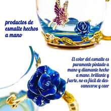 Juego de Taza de té y Taza de Café de Vidrio con Cuchara - Hermosa Flor Mariposa Rosa Taza, Regalo perfecto (Azul Corta) - Crisantemo Alta - Ver 5