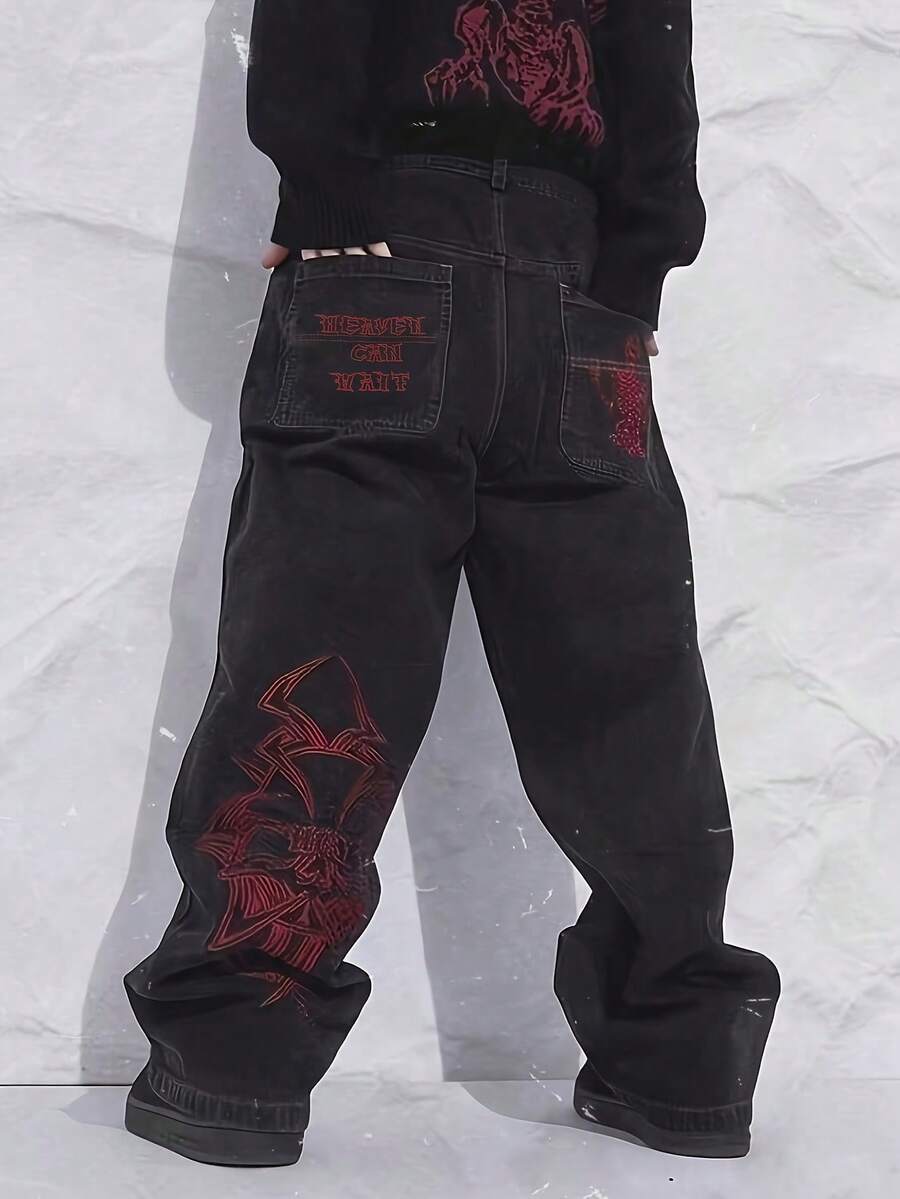 Men's Casual And Fashionable Embroidered Jeans, A Must-Have For Halloween Enthusiasts, A Top Choice For Halloween Outfits - 黑紅 - 查看 1