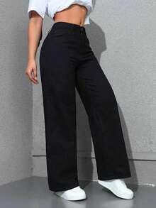 NVFelix Women's Loose Straight Leg Jeans, Distressed Design, Retro Elegant Casual Everyday Wear, Y2K Streetwear Style, Suitable For Spring & Summer, Black - Black - View 4