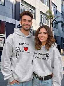 1pc Couple'S Bestseller Thickened Hooded Loose Fit Coat With Geometric Love Design, Casual Wear, Front Pockets & Adjustable Hood For Men & Women - 女式灰色單件 - 查看 1